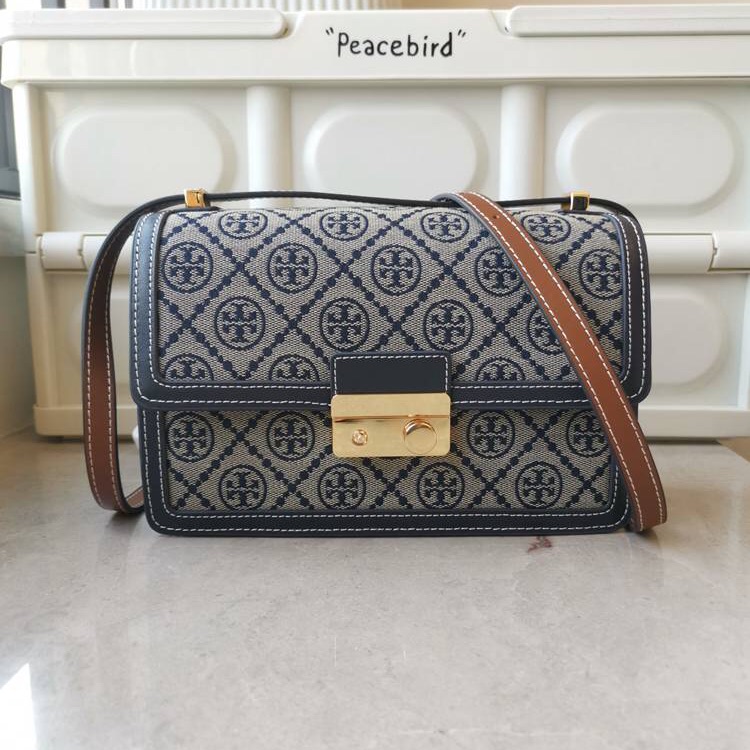 Authentic Tory Burch T Monogram Jacquard Shoulder Crossbody Bag Navy Brown Gold